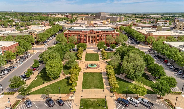Aerial view of Southlake Town Square, highlighting CycleWerx’s local presence near Fort Worth and support for growing B2B companies