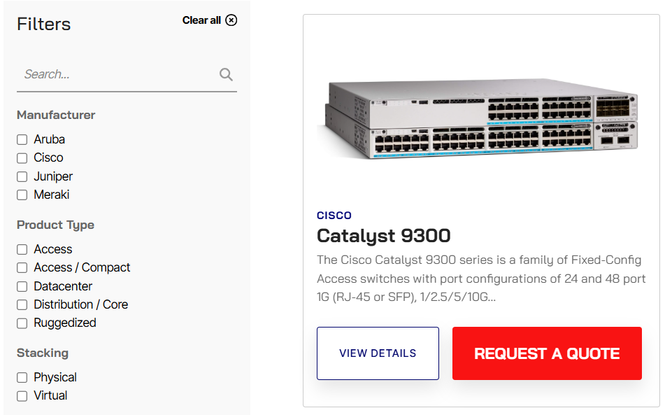 HubDB example showcasing dynamic product catalog with filters for manufacturers, product types, and stacking options.