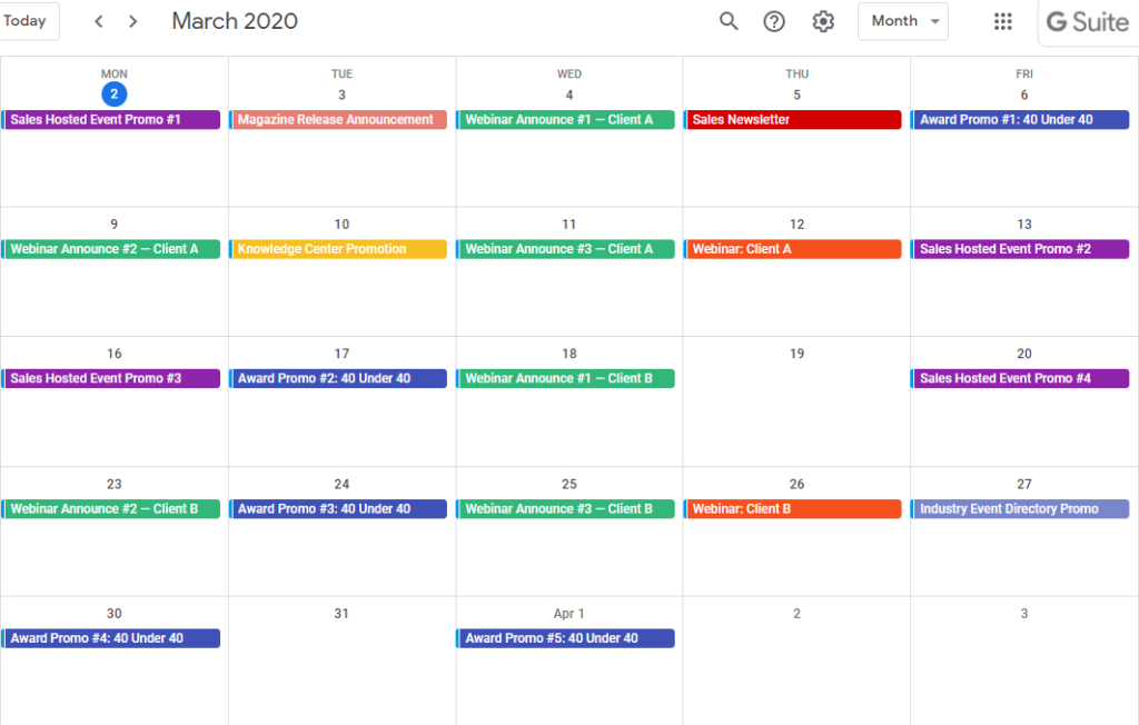 Content Calendar made with Google Calendar for a larger company
