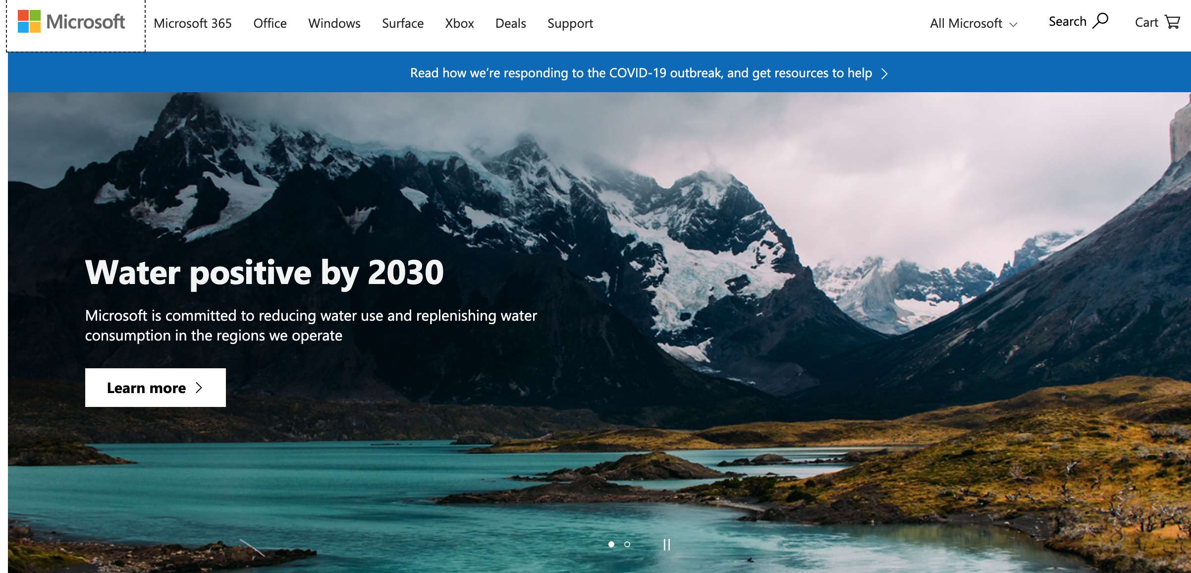 Microsoft's home page with COVID-19 response