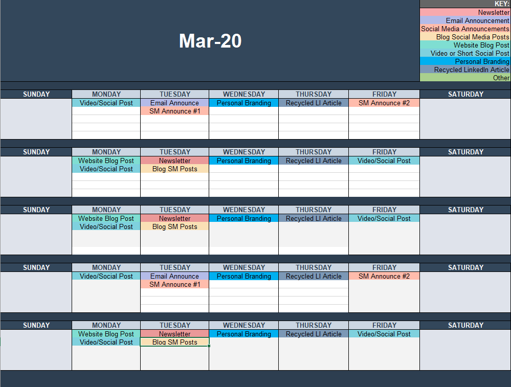 Content Calendar created using MS Excel, with a content key