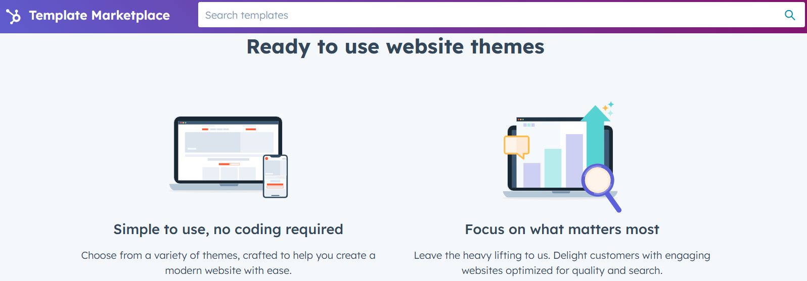 HubSpot Template Marketplace showcasing ready-to-use, professionally designed website themes optimized for quality and branding.