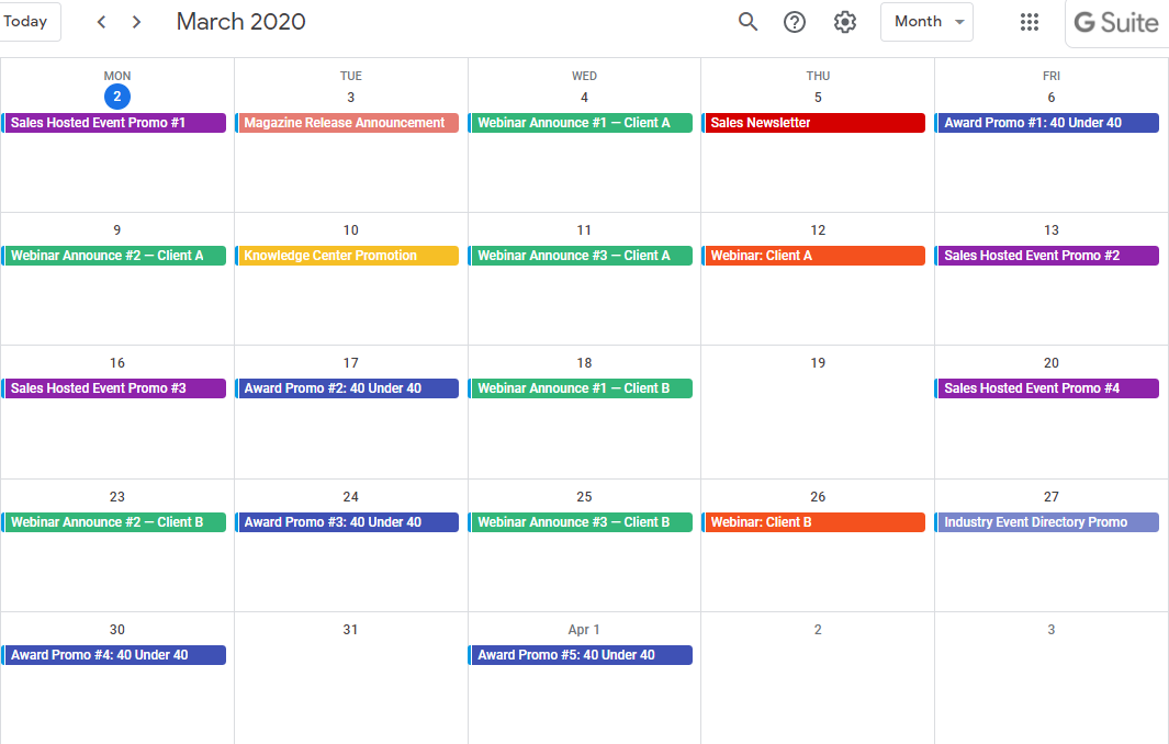 Example of a B2B content calendar for a larger company with layered campaigns and webinar promotions