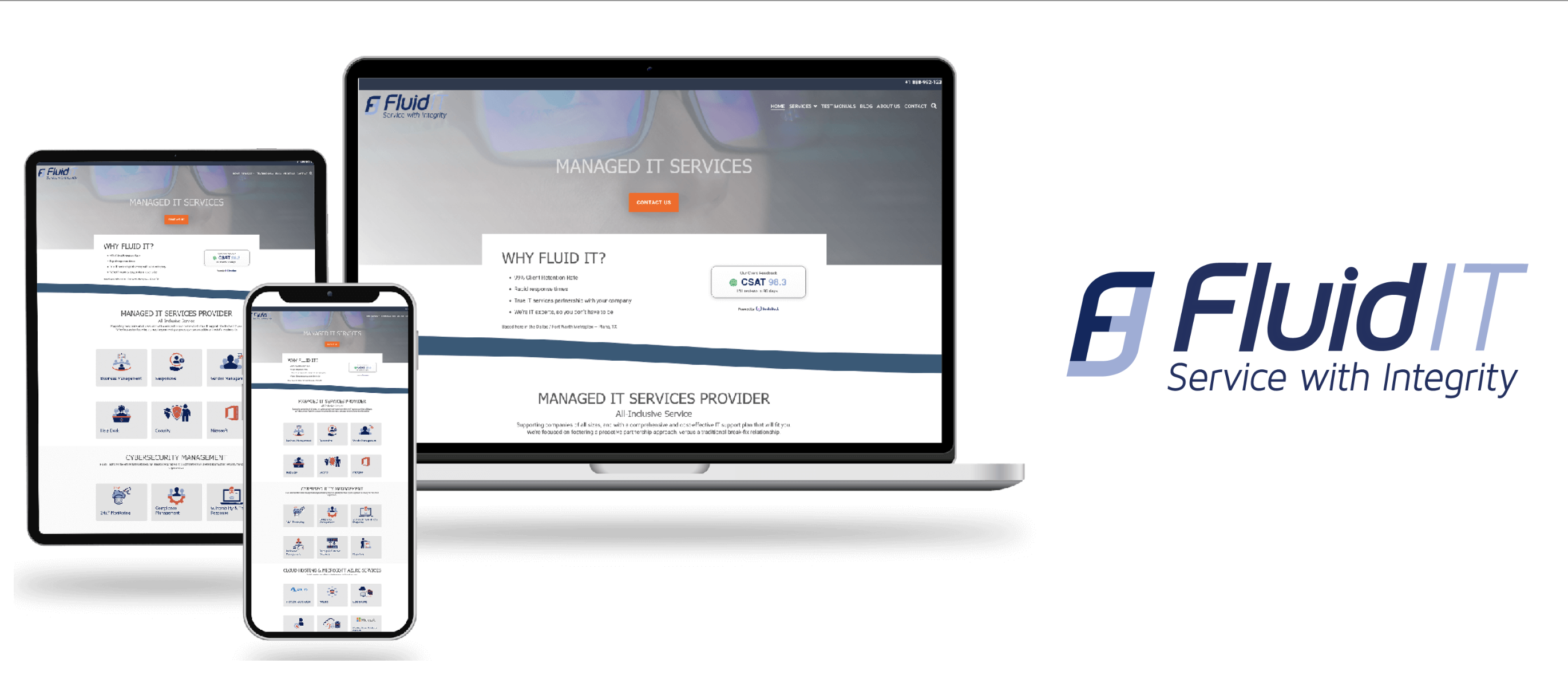Responsive website design showcase for Fluid IT, displaying their Managed IT Services Provider homepage on a laptop, tablet, and smartphone alongside the company logo.