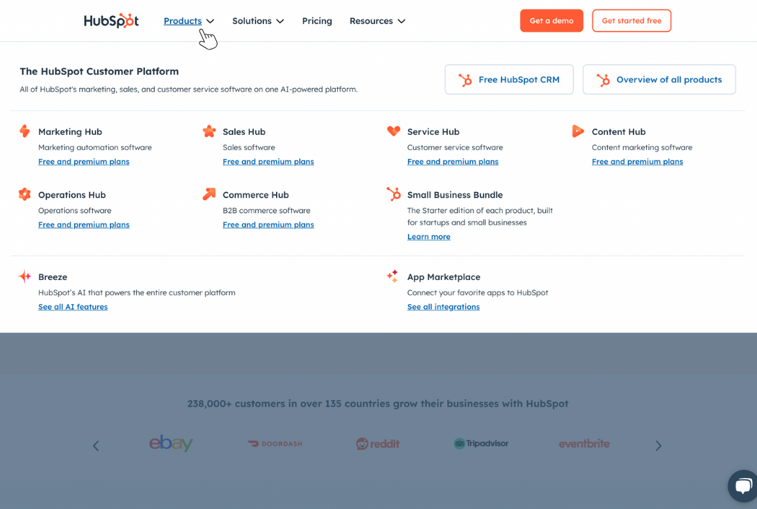 HubSpot Home Page with Products Tab Selected