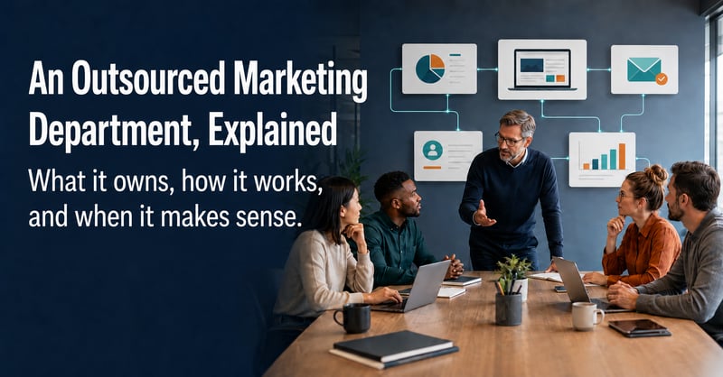 Outsourced B2B marketing department coordinating strategy, content, website, CRM, sales enablement, and reporting.